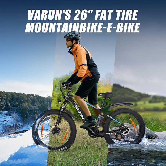 Чоловічий 26-дюймовий гірський велосипед VARUN E Bike, 4.0 Fat Tire E-Mountainbike з акумулятором 48V16Ah/13Ah, двигуном 80NM 250W, 5 режимів їзди, алюмінієвий електричний велосипед e-fatbike, сертифікат StVZO, пробіг 100-120KM Black and Blue M26-2 PRO 48