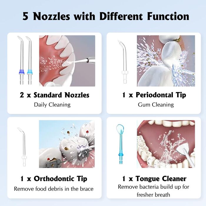 Іригатор порожнини рота Акумуляторний електричний очищувач міжзубних проміжків Small з 5 насадками та 5 режимами чищення, Tooth Cleaner Іригатор для порожнини рота, водонепроникний USB-зарядний пристрій IPX7 300 мл Water Flosser (синій/білий)