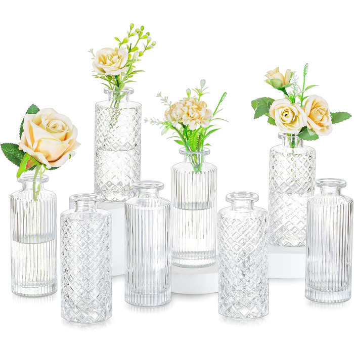 Маленькі вази для прикраси столу Hewory 8er Vintage Deco Vase Glass Deco Vases Set Glass, Маленька скляна ваза Вази Маленька ваза для прикраси столу Квіткова ваза Маленька для весільної вітальні, ребристий і шорсткий візерунок Прозорий 8