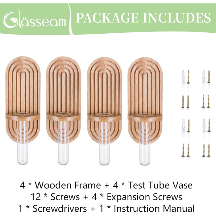 Ваза для пробірок Glasseam Station Propagation, 4 шт. и бохо рослина тераріум прикраса вази набір, дерев'яна рама з невеликими скляними вазами пробірки для квітів, ваза для квітів сучасна настінна ваза для вітальні