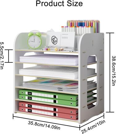 Настільний органайзер з 6 ярусами, з дерева, папір формату А4, лоток для листів, тримач для настільних файлів, сховище для документів, органайзер, з тримачами для ручок і коробкою для носовичків для дому, канцелярське приладдя (JS05-3, білий