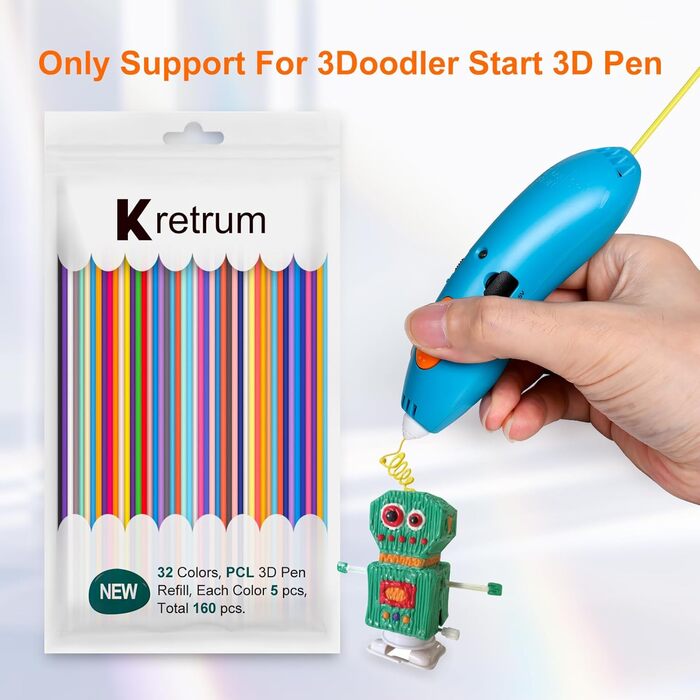 Кольори 3D Doodler Pen Заправки для 3Doodler Start 3D Pen Нитка PCL з низькою температурою друку Заправні пакети 3Doodler Start Кожен колір 15,2 см x 5 шт. Всього 160 шт. Підходять лише для 3D, 32