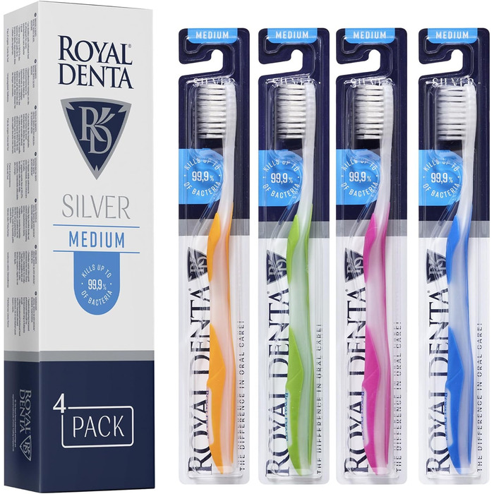 Зубні щітки Royal Denta Silver Medium 4 Pack - щетина подвійної довжини для чищення міжзубних проміжків, антибактеріальні частинки срібла, видалення зубного каменю, середньої сили, багатобарвна