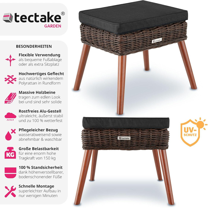 Табурет для ніг tectake Alu Poly Rattan з оббивкою, 54,5 x 44,5 x 46,5 см, вуличні меблі, лавка, підставка для ніг, табурет з чохлом, що миється, табурет до 150 кг для саду, тераси, балкона - коричневий