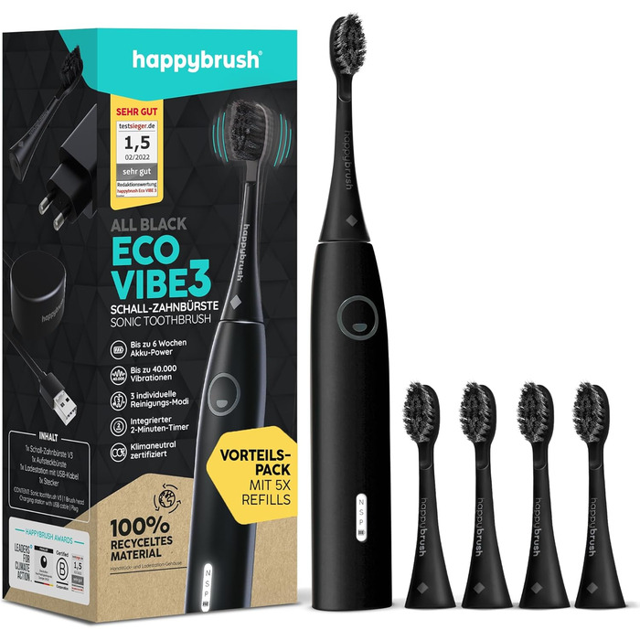 Електрична звукова зубна щітка happybrush Eco VIBE 3 - Екологічна зубна щітка з 6-тижневою батареєю, включаючи 4 щітки - AllBlack