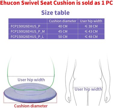 Поворотна подушка сидіння Ehucon на 360 градусів Поворотна подушка сидіння Поворотна дискова накладка для літніх людей, вагітної жінки, поворотне автокрісло. Легке перевертання з ліжка на інвалідне крісло або крісло (упаковка з 1 стійки (40 см))