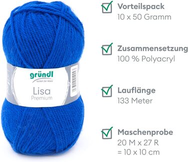 Пряжа Grndl Lisa Premium Uni Knitting & Chet Yarn (м'яка і вовняна характер, проста в догляді миюча пряжа з 100 поліакрилу, 50 г/ 133 м, розмір голки 3,5 - 4,5, 10 клубків по 50 г кожен), (королівський синій)