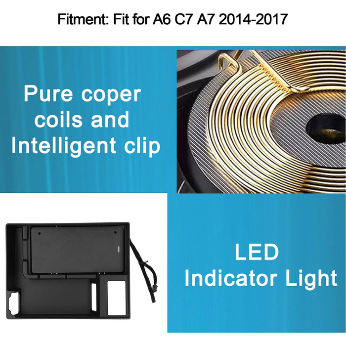 Автомобільний зарядний пристрій, Автомобільний бездротовий зарядний пристрій Підлокітник Кришка для зберігання Зарядка ABS 15W Бездротова автомобільна зарядна панель підходить для A6 C7 A7 2014-2017