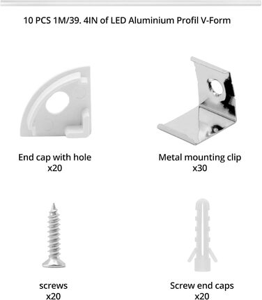 Світлодіодний алюмінієвий профіль QWORK V-подібна форма 10x1 м, світлодіодна кришка, світлодіодна стрічка, світлодіодний профіль 45 градусів з монтажним матеріалом