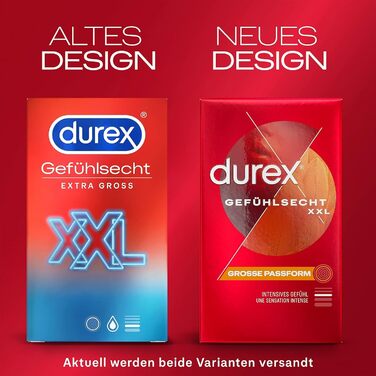 Пробний набір презервативів Durex XXL - Презервативи Feeling XXL з великою посадкою та щільністю до шкіри XXL презервативи з великою анатомічною формою, що легко наноситься - змочені силіконовою змазкою - 8 шт. кожна (2 x 8 шт. )