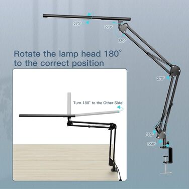 Настільна лампа для домашнього офісу, настільна лампа затискна, лампа архітектора з адаптером QC3.0, лінза Френеля, настільна лампа, 5 колірних режимів і яскравості, лампа-затискач з функцією пам'яті, чорний