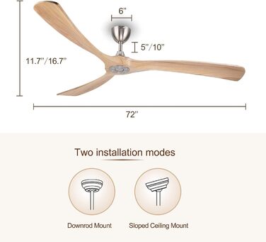 Великий дерев'яний розумний стельовий вентилятор Ovlaim без світла, 3-лопатевий внутрішній і зовнішній двигун постійного струму високої потужності Стельовий вентилятор без світла, 183 см, (без світла, натуральний і сріблястий)