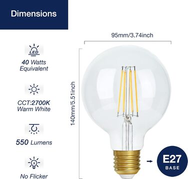 Вт (замінює 40 Вт), G95 Ретро світлодіодна нитка розжарювання Лампочка Едісона E27 Vintage, лампочка 550 лм E27 2700K тепла біла, 3 шт. и (прозоре скло), 27 LED Vintage, 5,5