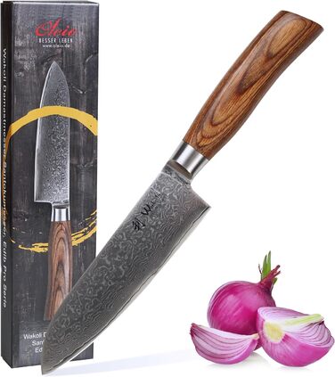 Дамаський ніж Wakoli EDIB Pro Santoku Лезо 16 см I висока продуктивність різання Стійкі та довговічні леза 67 шарів дамаської сталі ергономічна дерев'яна ручка пакка I унікального дизайну