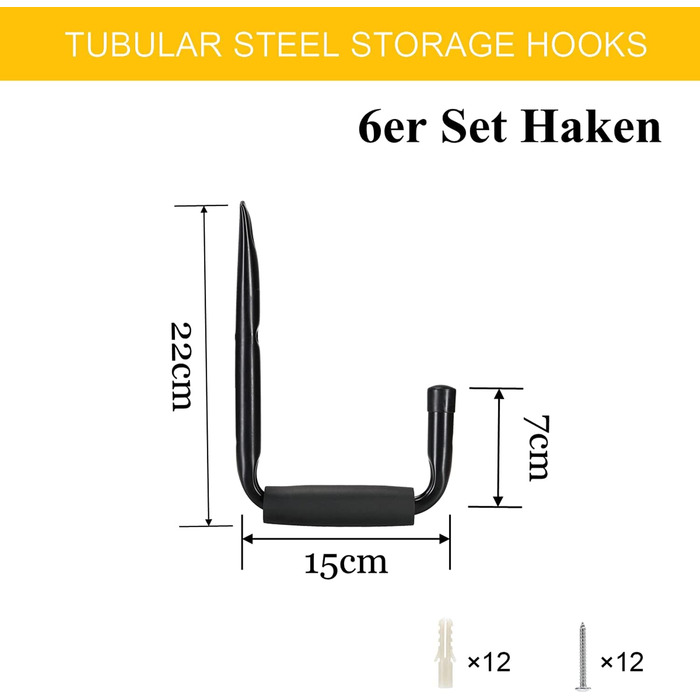 Настінний гачок для гаража прогумовані гачки, набір з 6 чорних Unihaken Stah 22см х 15см, настінний кронштейн-органайзер для підвалу для зберігання інструментів, велосипедів, драбин, садового інвентарю та бензопил 220 х 150 мм Чорний