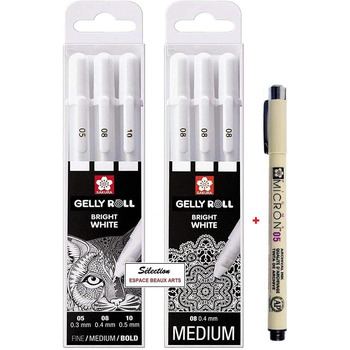 Ручки Bright White в чохлі, Mix-Size 05/08/10 3 шт. и Sakura Gelly Roll Basic, білий 08 ET Pigma Micron Black 05, 3