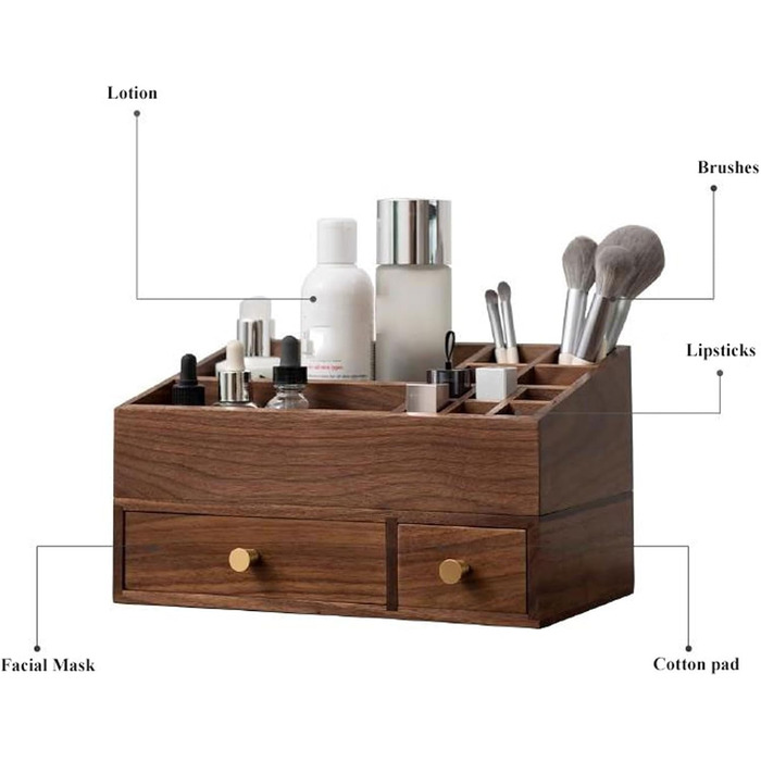 Органайзер для зберігання макіяжу Коробка для зберігання косметики з масиву дерева, Міцний органайзер для догляду за шкірою в стилі ретро, Ювелірні вироби, Макіяж, Пензлики, Губні помади, Контейнер для лаку для нігтів, Коробка для зберігання
