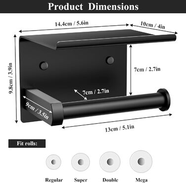Тримач туалетних рулонів Tindbea з тримачем для телефону, клейовий або гвинтовий настінний диспенсер для зберігання туалетних рулонів, тримач рулонів рушників для ванної з нержавіючої сталі (матовий чорний)