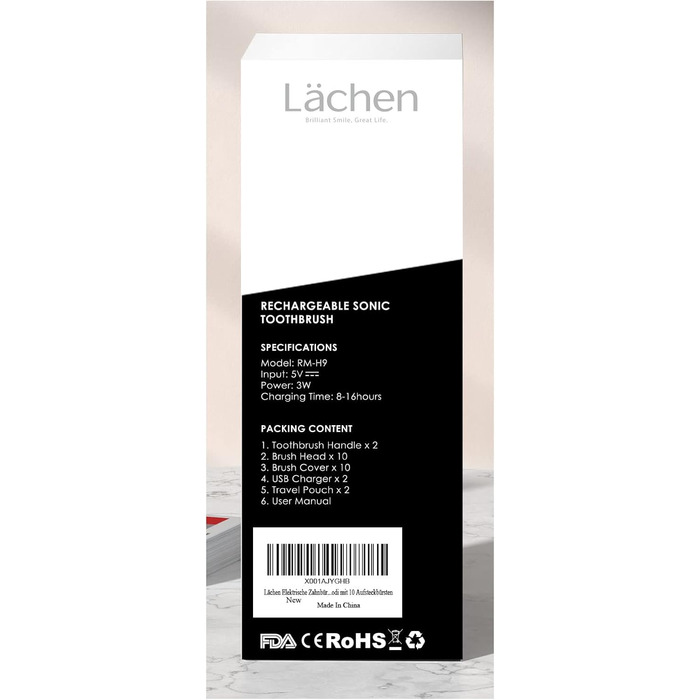 Електрична зубна щітка Lchen подвійна упаковка RM-H9, з 2 наконечниками звукової зубної щітки та 2 дорожніми кейсами, 5 режимів з 10 щітками для насадки, білий і чорний