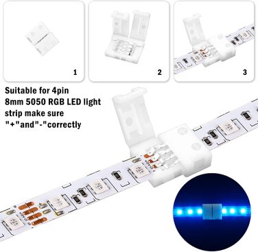 Контактний роз'єм для світлодіодної стрічки, роз'єм RGB 8 мм світлодіодна стрічка Швидкий роз'єм, для світлодіодної стрічки шириною 8 мм SMD 3528 RGB 8 мм 4-контактна, 20 шт., 4-