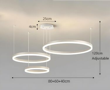 Металева світлодіодна люстра WayLuoung 3 кола 204060см Стельовий підвісний світильник з кільцями 45 Вт, пульт дистанційного керування з регулюванням яскравості 3000-6000K, підвісний світильник з акриловим абажуром, вітальня, спальня, фойє, їдальня (білий,
