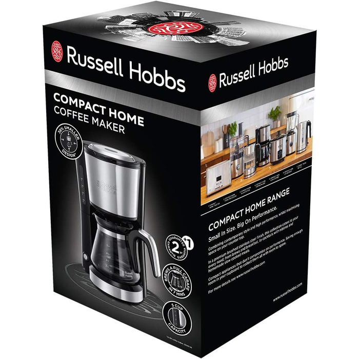 Кавоварка Russell Hobbs Mini душова лійка для оптимальної екстракції та аромату Компактна (макс. 5 чашок, скляний глечик 0,6 л, з постійним фільтром, нагрівальна плита) компактна кавоварка з фільтром мала 24210-56 Міні-кавоварка одинарна