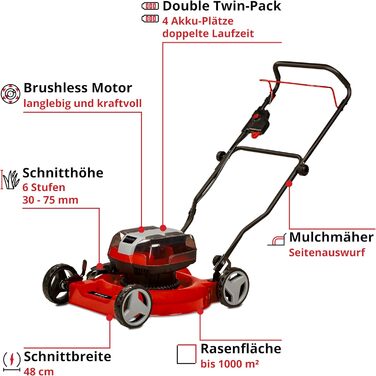 Акумуляторна газонокосарка Einhell GE-CM 36/48 Li M-Solo Power X-Change (36 В, ширина зрізу 48 см, до 1000 м, безщіткова, мульчуюча, висота зрізу 30-75 мм, без акумулятора та зарядного пристрою) без акумулятора та зарядного пристрою