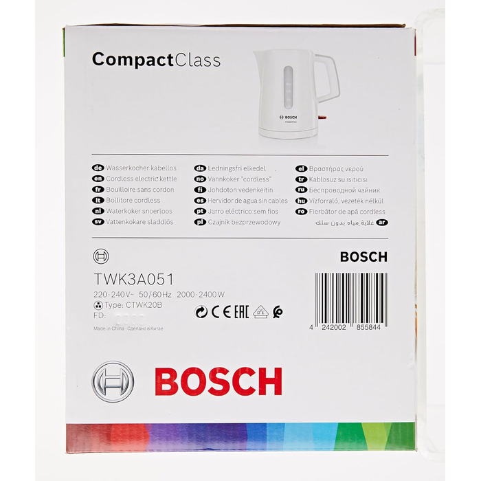 Акумуляторний чайник Bosch CompactClassTWK3A051, швидкий нагрів, індикатор рівня води з обох сторін, захист від перегріву, 1 л, 2400 Вт, білий Single