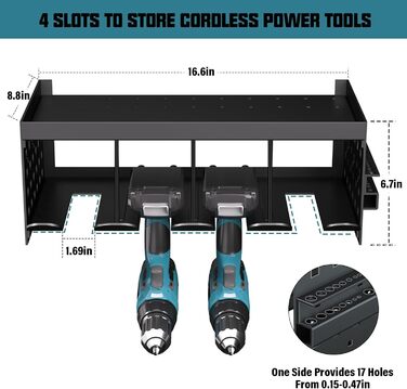 Зберігання інструментів Настінне кріплення Акумуляторний ударний дриль-шуруповерт, 4 слоти Надміцна електрична дриль Настінна стійка для зберігання Шуруповерт Організація Тримач інструментів