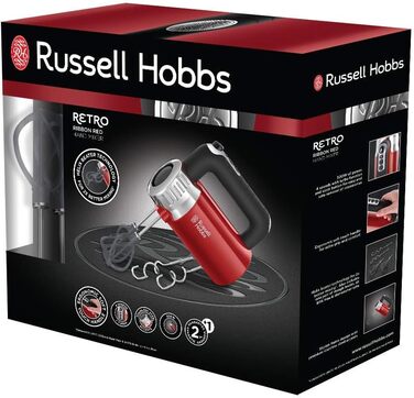 Ручний міксер Russell Hobbs ручний міксер Ретро Червоний (4 налаштування швидкості турбо, 2 вінчики Helix з нейлону, армованого скловолокном, для кращого змішування 2 гачки для тіста, без BPA) Ручний міксер 25200-56