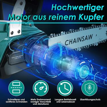 Дюймова акумуляторна ланцюгова пила з літій-іонним акумулятором 20 В, електрична ланцюгова пила 8000 мАг, довжина різання 30,5 см, електрична ланцюгова пила з ланцюгами та напрямними шинами та зарядним пристроєм, захист від віддачі, безщітковий електродви