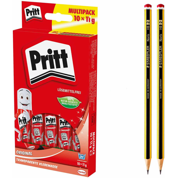 Клей-олівець Pritt, безпечний і зручний для дітей клей для мистецтва та рукоділля, міцний клей для шкільного та канцелярського приладдя, накопичувальний набір з ручкою Pritt 10 шт. 11 г і 2 олівцями HB, мультиупаковка 9HPS4BFP 10 олівці ука одинарна