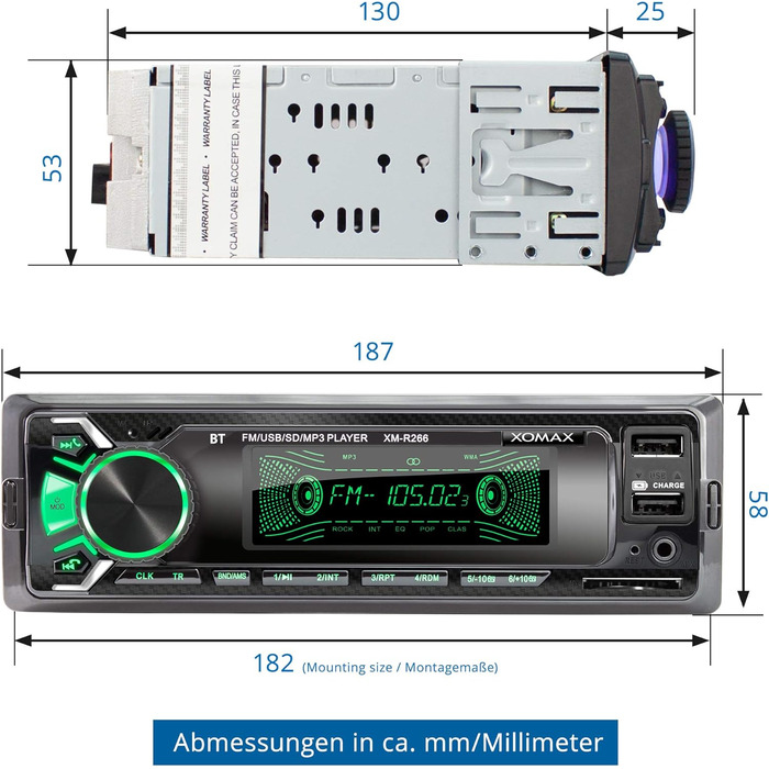 Автомагнітола XOMAX XM-R266 з системою гучного зв'язку Bluetooth, функція зарядки смартфона через 2-й USB-порт, вугільна оптика, 7 світлодіодів з регулюванням кольорів, RDS, USB, SD, MP3, AUX, 1 DIN