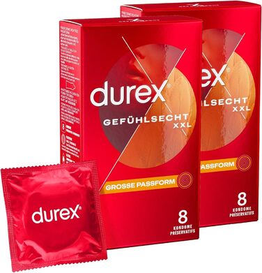 Презервативи Durex Feeling XXL - Приємний запах, ідеальна посадка та легке розкручування - Чудова посадка, тонка, зволожена, дерматологічно протестована та протестована в електронному вигляді - Упаковка 20 шт. (2 x 10 шт. ) 8 шт. (2 упаковки)