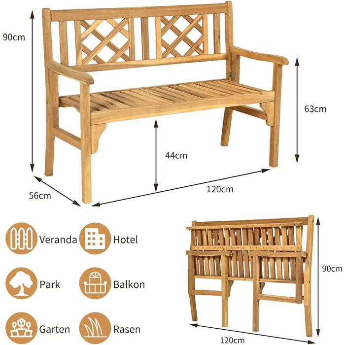 Садова лавка дерев'яна, дерев'яна лавка складна, 2-місна паркова лавка до 320 кг з навантаженням, лавка для тераси, лавка для балкона, саду, тераси, 120 х 56 х 90 см