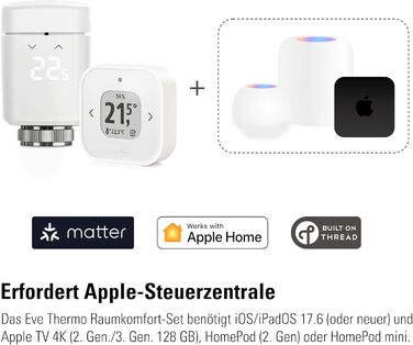 Комфортний набір для кімнат з 1 радіатором, включаючи 1 Eve Thermo Control, для Apple Home, Matter/Thread, потребує Apple TV 4K (2-го покоління/3-го покоління 128 ГБ), HomePod (2-го покоління) або HomePod Міні