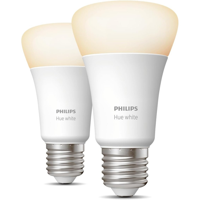 Світлодіодна лампа Philips Hue White E27 (806 лм), світлодіодна лампа з регулюванням яскравості для системи освітлення Hue з теплим білим світлом, інтелектуальне керування освітленням за допомогою голосу та програми (800 люменів, 2 упаковки)