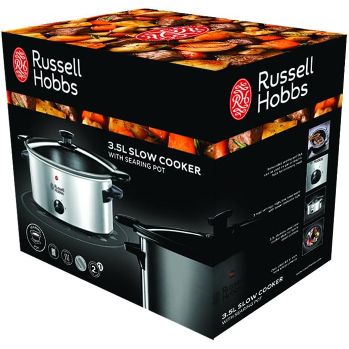 Повільна плита Russell Hobbs каструля з антипригарним покриттям 3,5 л Мультиварка з нержавіючої сталі (3 налаштування температури та функція підтримки тепла, 160 Вт) Мультиварка 22740-56