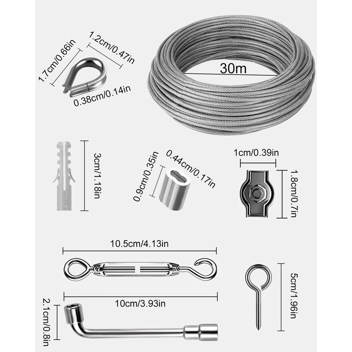 Комплект сталевої мотузки Jissta 3 мм 30 м, 304 Направляюча шпалери з нержавіючої сталі з нержавіючої сталі, сталевий трос з вушками, Набір для натягу дротяної мотузки, для шторної мотузки, В'юнкі рослини, Струнна легка підвіска, Мотузка для білизни