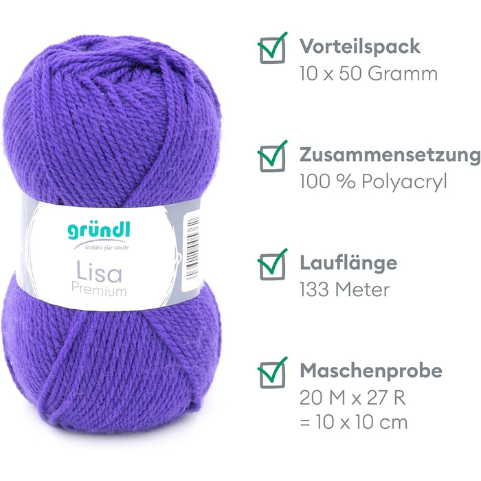 Пряжа Grndl Lisa Premium Uni Knitting & Chet Yarn (м'яка і вовняна характер, проста в догляді миється трикотажна пряжа з 100 поліакрилу, 50 г/ 133 м, розмір голки 3,5 - 4,5, 10 клубків по 50 г кожен), (фіолетовий 21)