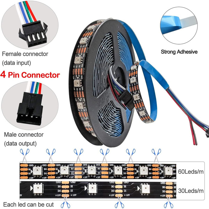 Світлодіодна стрічка Tesfish 12V WS2815, 5 м RGB двосигнальна світлодіодна піксельна стрічка SMD 5050 300 світлодіодів IP30 повнокольорова програмована світлодіодна стрічка з індивідуальною адресацією для DIY, рекламного декору 12V WS2815 300 світлодіодів