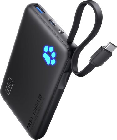 Міні-розмір 20W 10000mAh PowerBank із вбудованим кабелем USB-C, PD3.0 QC4.0 USB C In&Out, невеликі, але міцні зовнішні акумулятори для мобільних телефонів для iPhone 16 15 14 13 12 Pro Max Mini Samsung S23 iPad