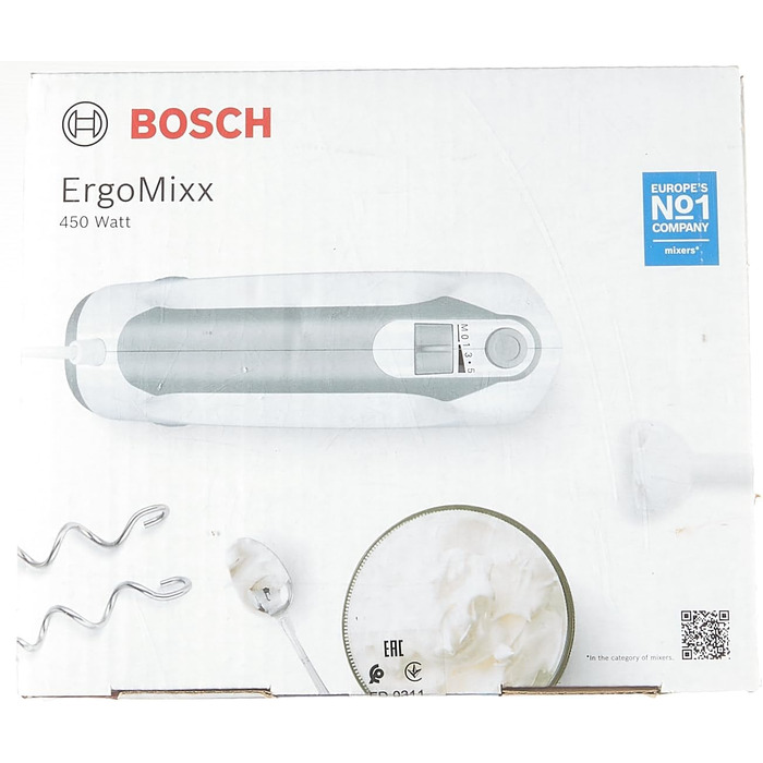 Ручний міксер Bosch ErgoMixx MFQ36440, 2 вінчика, 2 гачка для тіста з нержавіючої сталі, блендер, чашка, можна мити в посудомийній машині, 5 рівнів плюс турбошвидкість, 450 Вт, білий