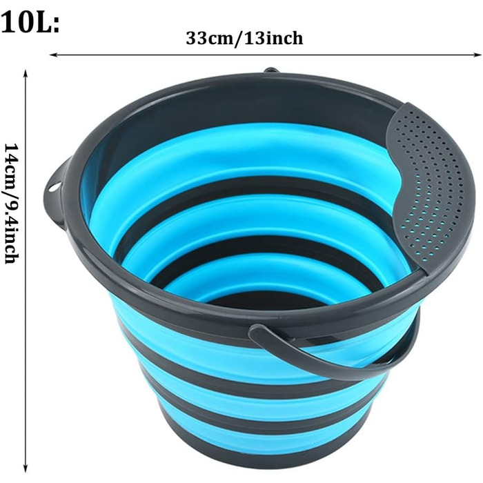 Складне відро для кемпінгу, відро для чищення з ручкою, складне силіконове відро, складний умивальник, складний умивальник зі знімним ситечком для овочів, фруктів (колір синій, розмір 10 л) 10 л / синій
