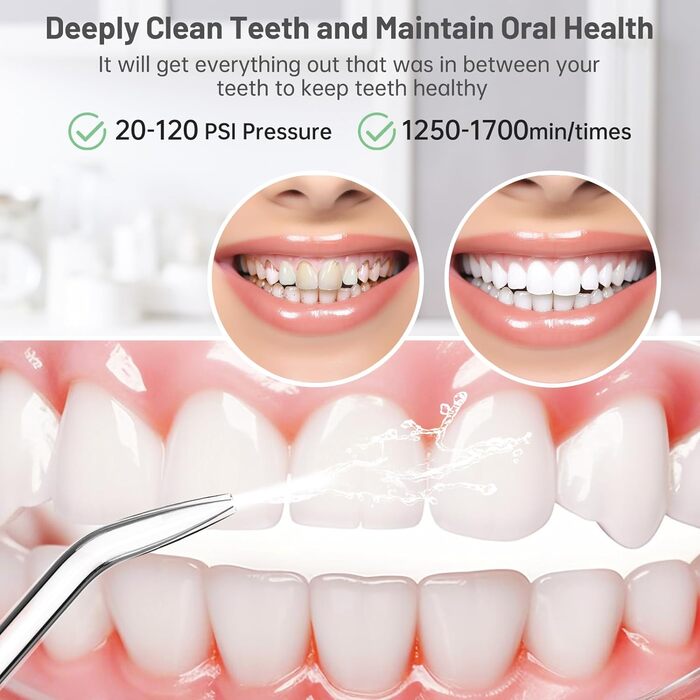 Іригатор для порожнини рота, очищувач міжзубних зубів з 10 рівнями тиску та 7 насадками, водонепроникний електричний іригатор для порожнини рота IPX7, професійний водяний флоссер 600 мл фіксований для дому та подорожей білий