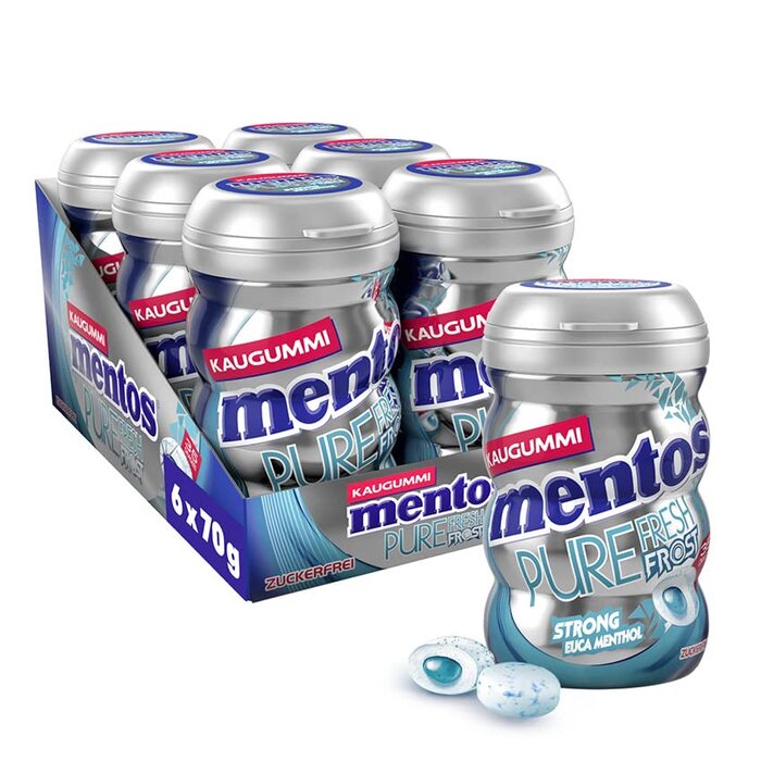 Жувальна гумка Mentos Pure Fresh Frost, 6 коробок жувальних гумок без цукру драже зі смаком ментолу та рідким наповнювачем, мультиупаковка (6 x 70 г) м'ята, 35 шт. (6 упаковок)