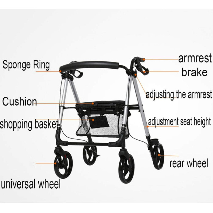Складні ходунки для людей похилого віку з 4 колесами та сидінням, баріатричний ролик, гальма, що блокуються, регульоване по висоті транспортне крісло, кошик для покупок, повний зірок