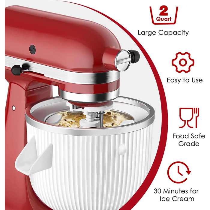 Насадка для морожениці для блендера KitchenAid, підходить для міксерів KitchenAid 4.5/5QT & 6QT, морозива та морозива сорбет для морозива для KitchenAid, 2 кварти, біла