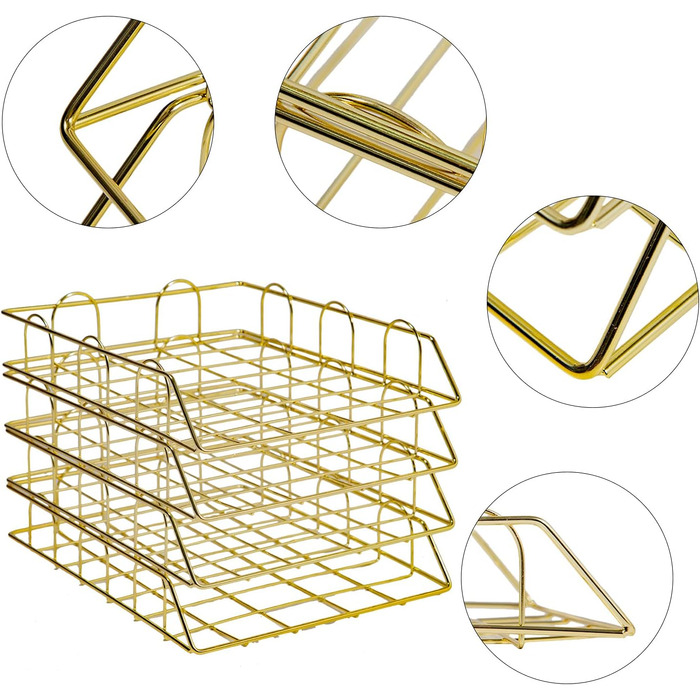 Лоток для листів 4 яруси, відсіки для зберігання штабельовані металеві 30x24.5x5 см, полиця для столу з золотою сіткою, органайзер для столу офіс для дому, школи та офісу