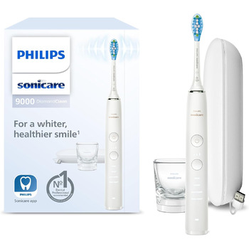 Електрична зубна щітка Philips Sonicare DiamondClean 9000, звукова зубна щітка з додатком, датчик тиску, 4 режими чищення, 3 рівні інтенсивності, зарядне скло та дорожній футляр USB, білий, модель HX9911/27